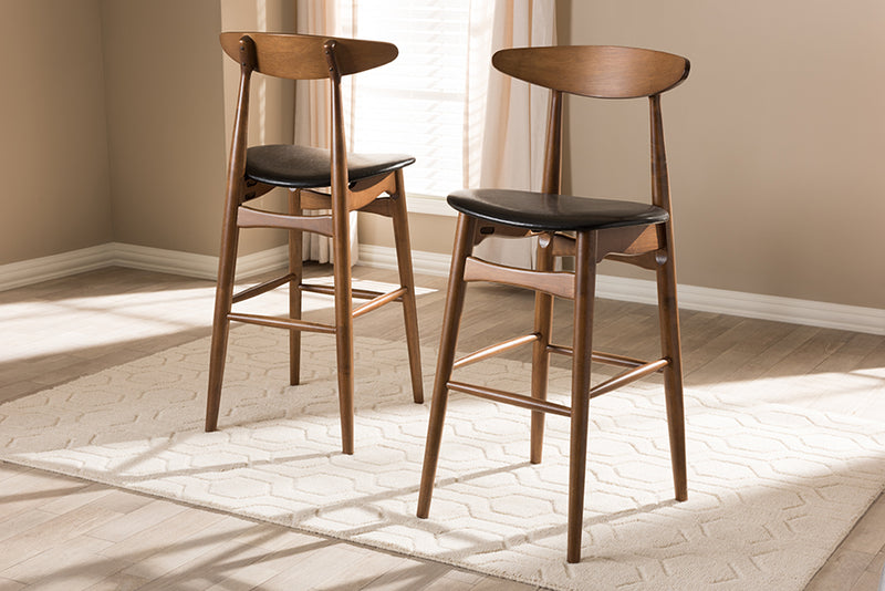 Baxton Studio Flora Mid-Century Modern Black Faux Leather Upholstered Walnut Finished Bar Stool (Set of 2) | Modishstore | Bar Furniture