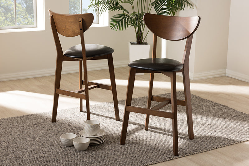 Baxton Studio Eline Mid-Century Modern Black Faux Leather Upholstered Walnut Finished Counter Stool (Set of 2) | Modishstore | Bar Furniture