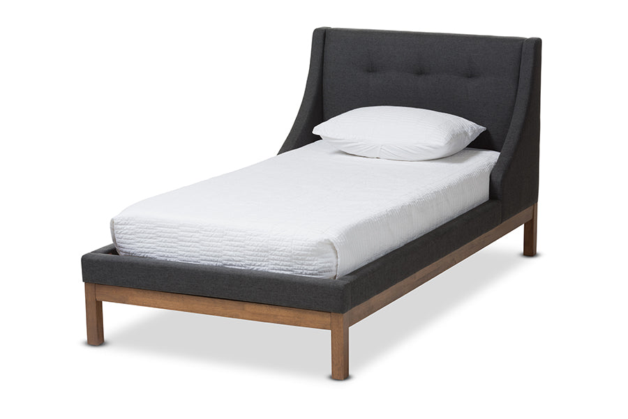 baxton studio louvain modern and contemporary dark grey fabric upholstered walnut finished twin sized platform bed | Modish Furniture Store-2