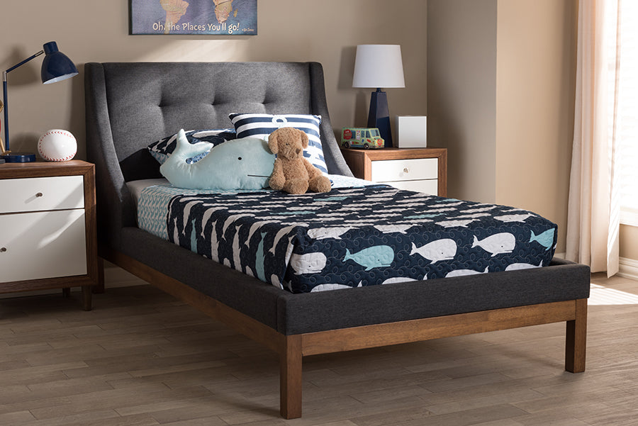 Baxton Studio Louvain Modern and Contemporary Dark Grey Fabric Upholstered Walnut-Finished Twin Sized Platform Bed | Modishstore | Beds