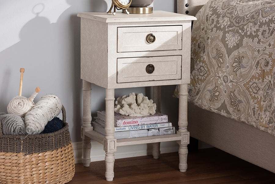 Baxton Studio Lenore Country Cottage Farmhouse Whitewashed 2-Drawer Nightstand | Modishstore | Nightstands