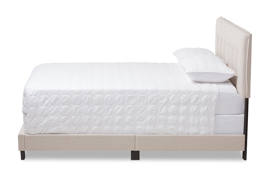 baxton studio audrey modern and contemporary light beige fabric upholstered queen size bed | Modish Furniture Store-3