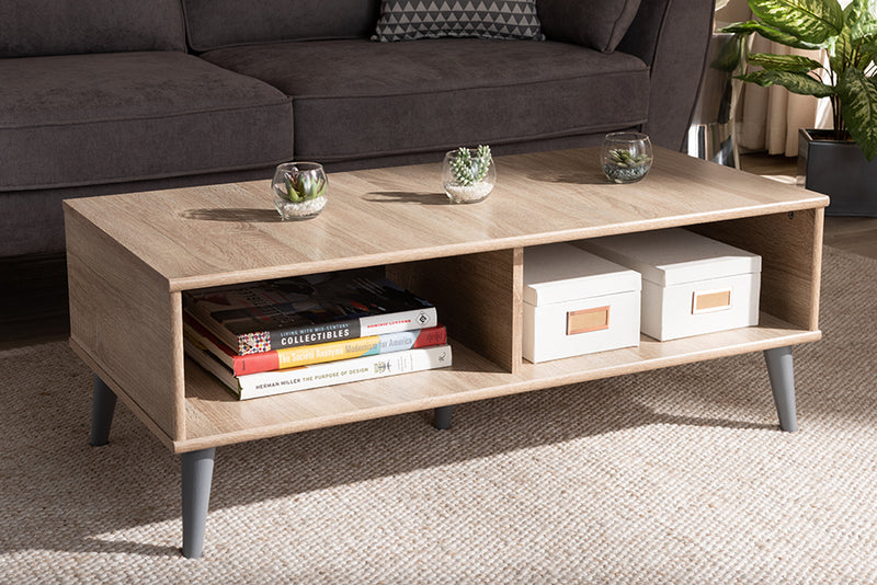 Baxton Studio Pierre Mid-Century Modern Oak and Light Grey Finished Wood Coffee Table | Modishstore | Coffee Tables