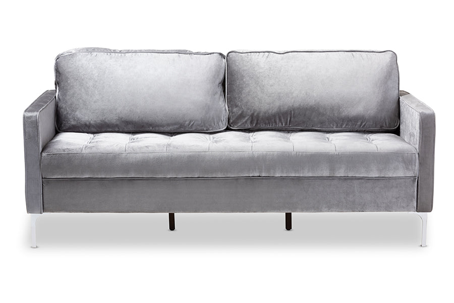 baxton studio clara modern and contemporary grey velvet fabric upholstered 3 seater sofa | Modish Furniture Store-3