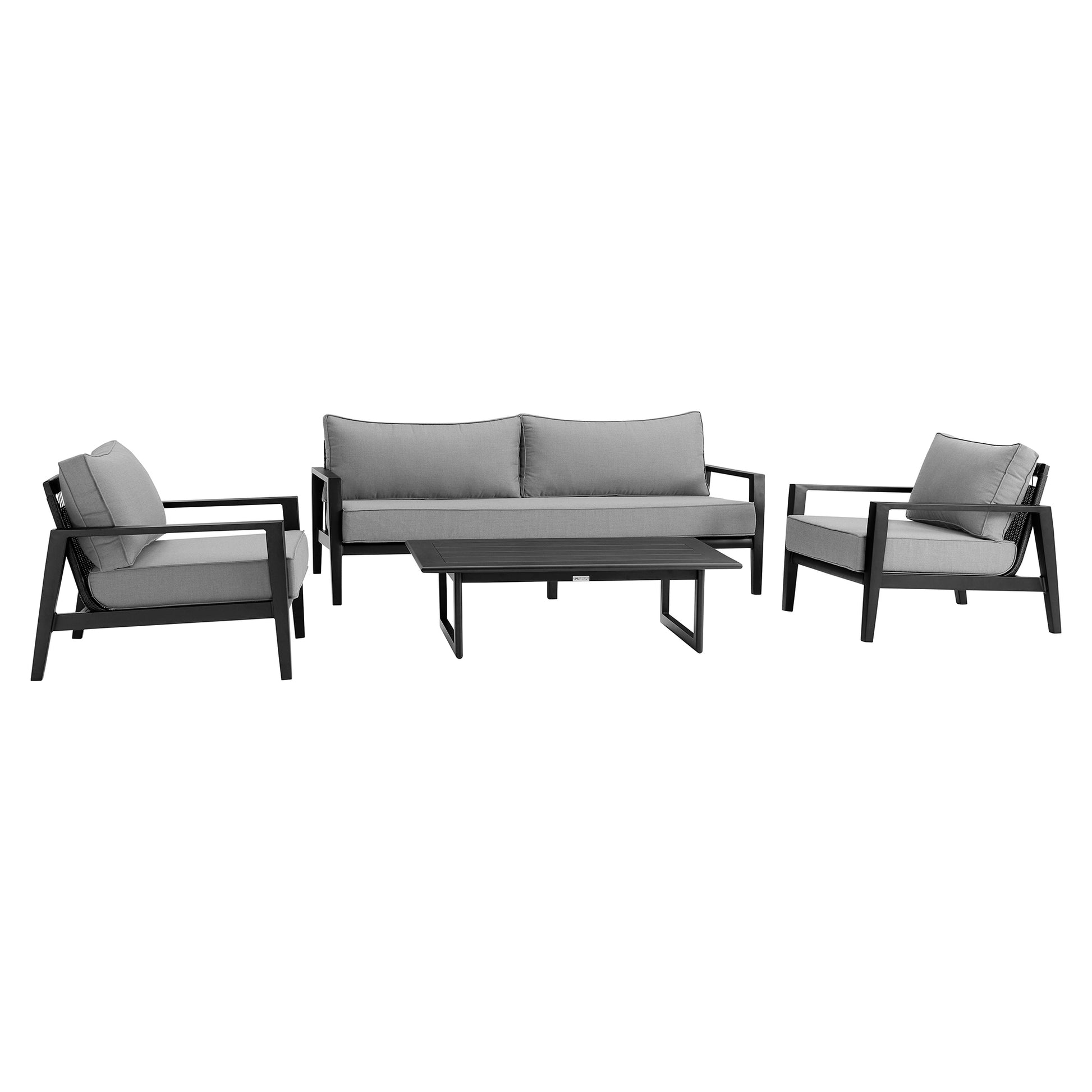 Grand 4 Piece Black Aluminum Outdoor Seating Set with Dark Gray Cushions By Armen Living | Outdoor Sofas, Loveseats & Sectionals | Modishstore - 2