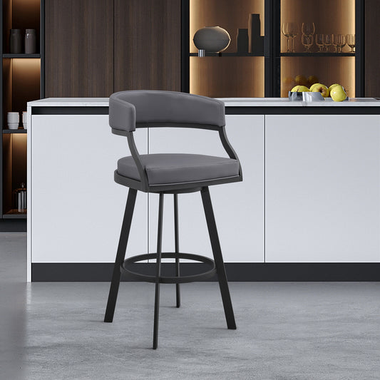 Dione 26" Counter Height Swivel Grey Faux Leather and Black Metal Bar Stool By Armen Living | Bar Stools | Modishstore