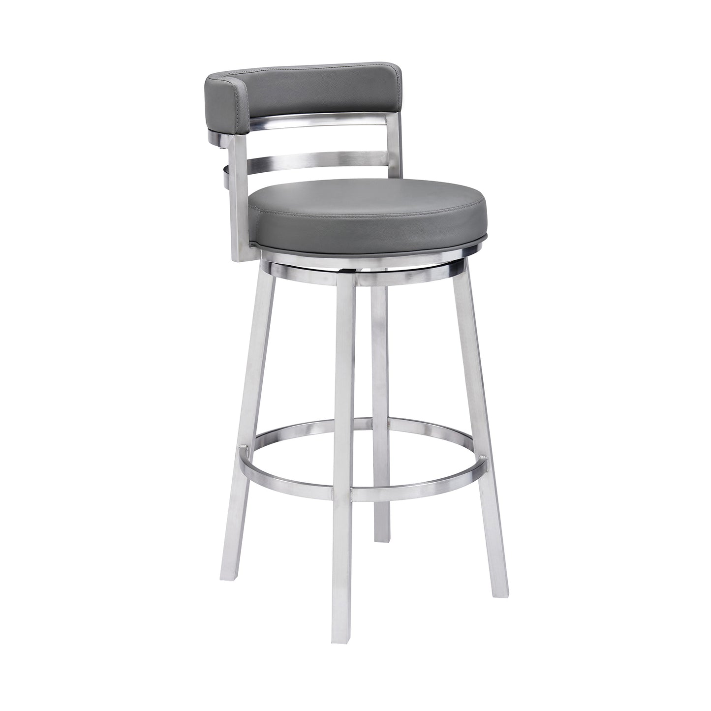 Titana 30" Bar Height Swivel Grey Faux Leather and Brushed Stainless Steel Bar Stool By Armen Living | Bar Stools | Modishstore - 2