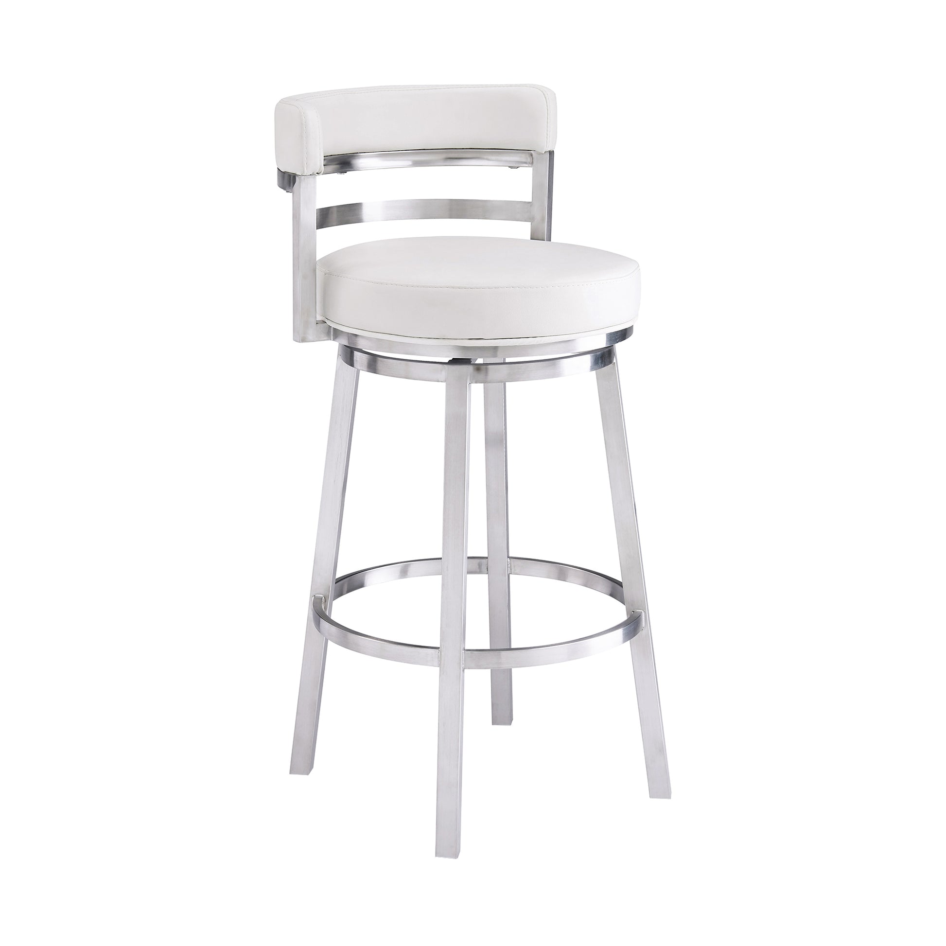 Titana 30" Bar Height Swivel White Faux Leather and Brushed Stainless Steel Bar Stool By Armen Living | Bar Stools | Modishstore - 2