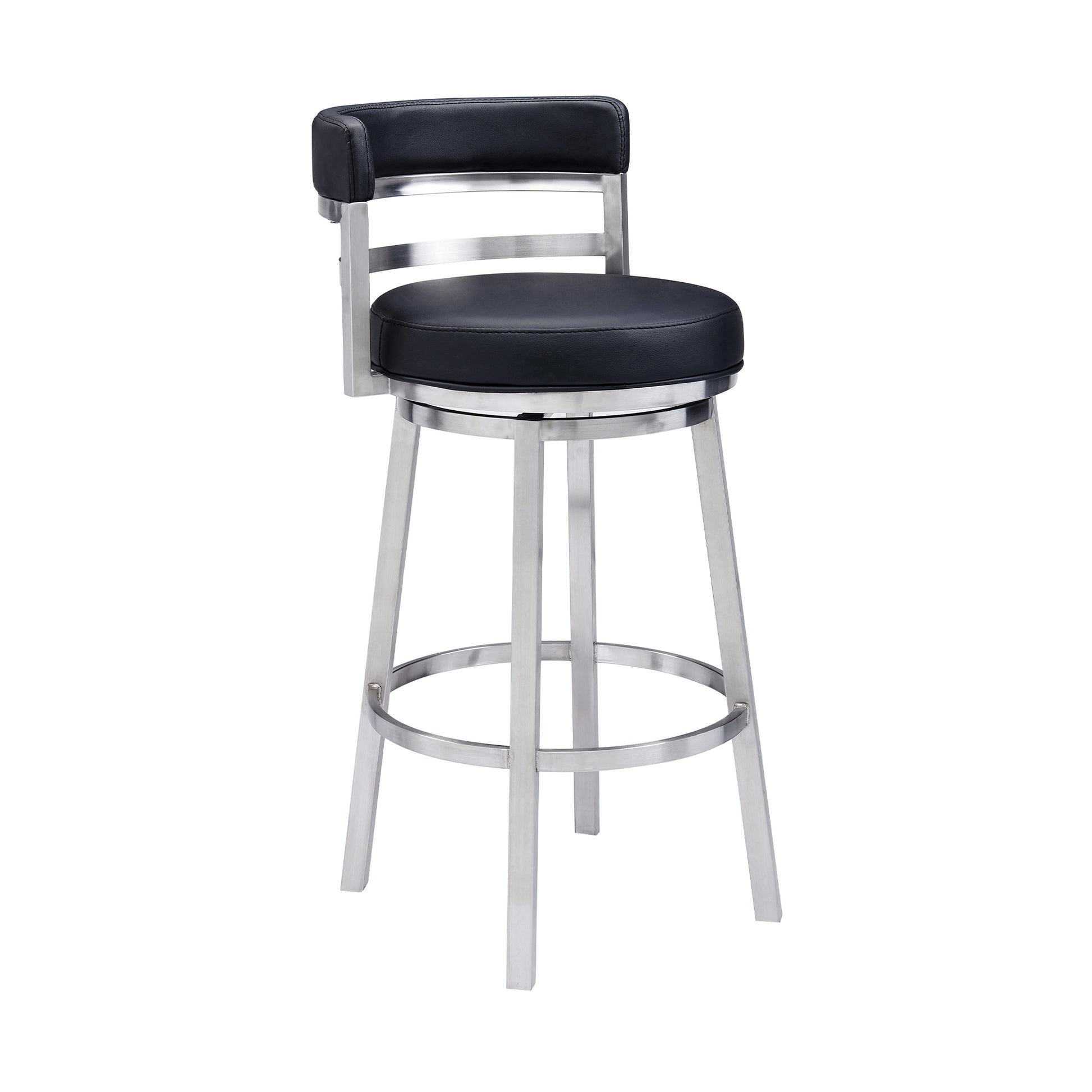 Titana 30" Bar Height Swivel Black Faux Leather and Brushed Stainless Steel Bar Stool By Armen Living | Bar Stools | Modishstore - 2