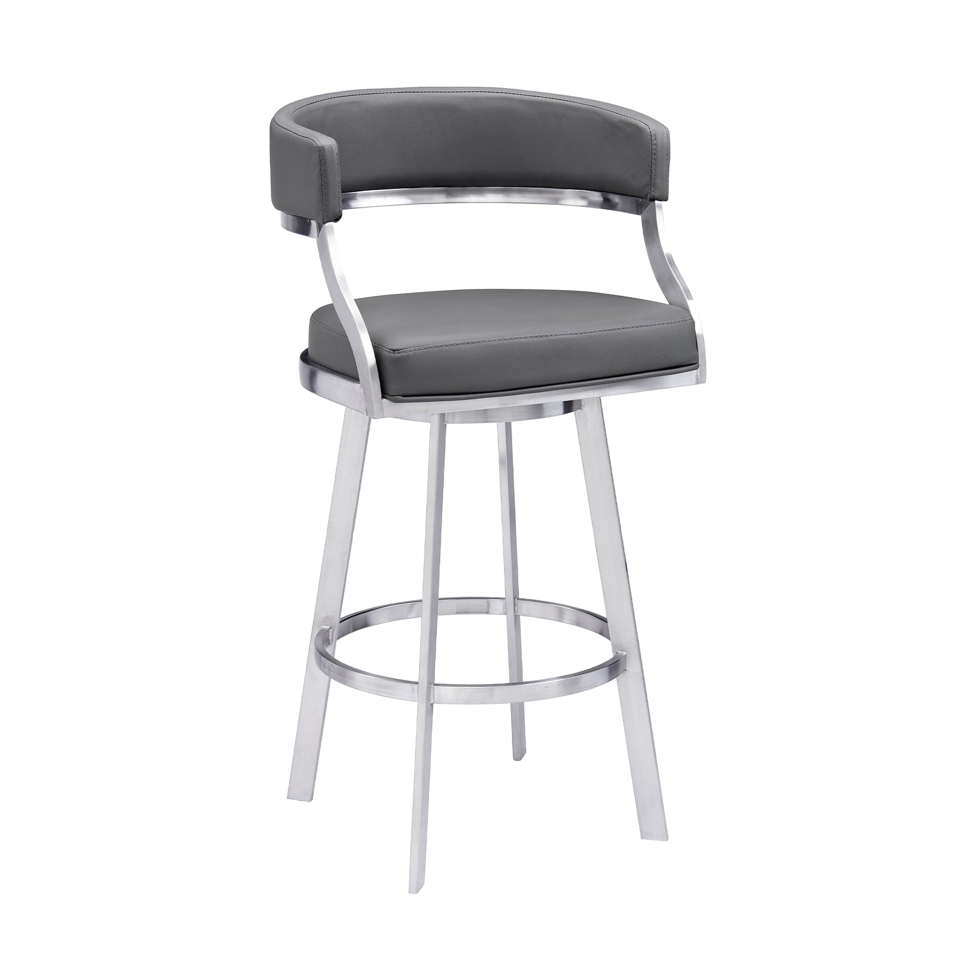 Dione 30" Bar Height Swivel Grey Faux Leather and Brushed Stainless Steel Bar Stool By Armen Living | Bar Stools | Modishstore - 2