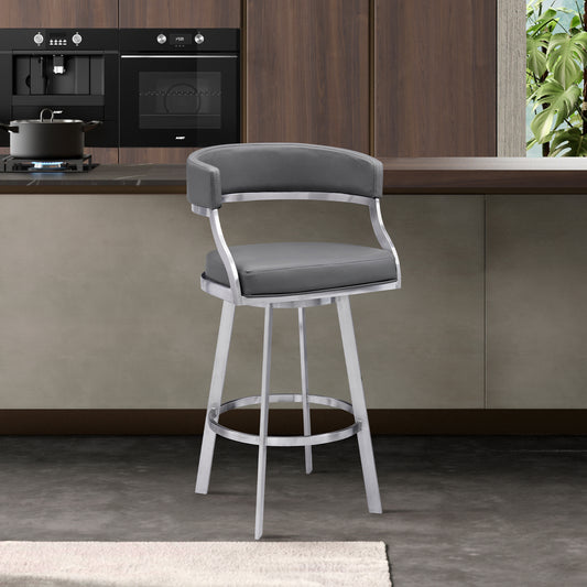 Dione 30" Bar Height Swivel Grey Faux Leather and Brushed Stainless Steel Bar Stool By Armen Living | Bar Stools | Modishstore