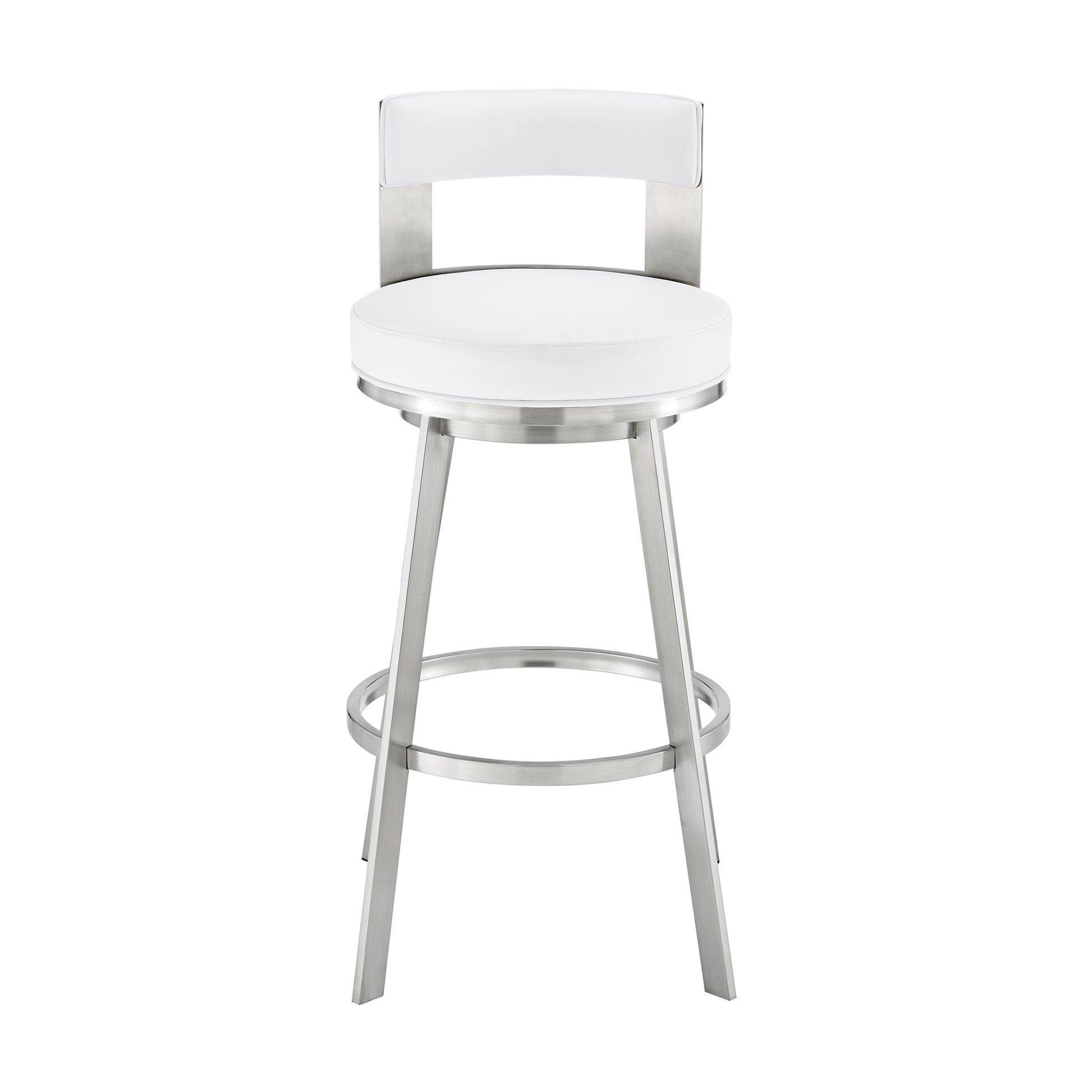 Lynof Swivel Bar Stool in Brushed Stainless Steel with White Faux Leather By Armen Living | Bar Stools | Modishstore - 3