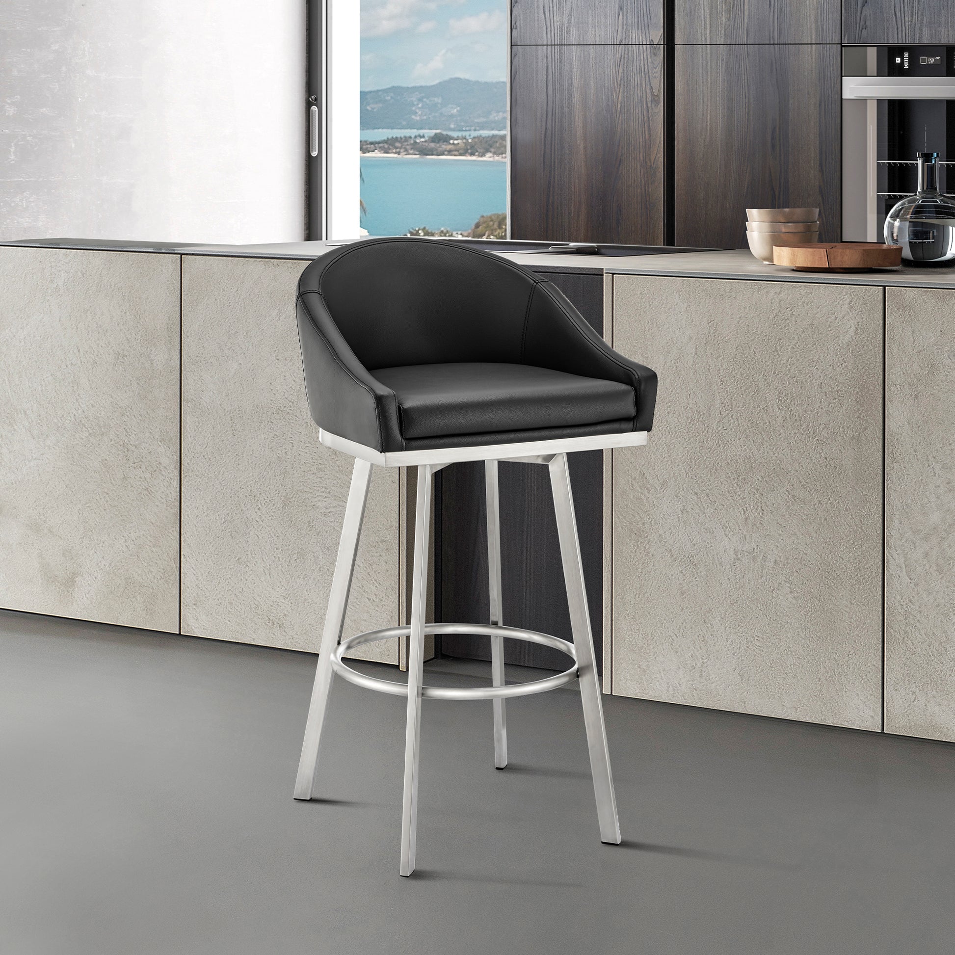 Noran Swivel Bar Stool in Brushed Stainless Steel with White Faux Leather By Armen Living | Bar Stools | Modishstore - 11