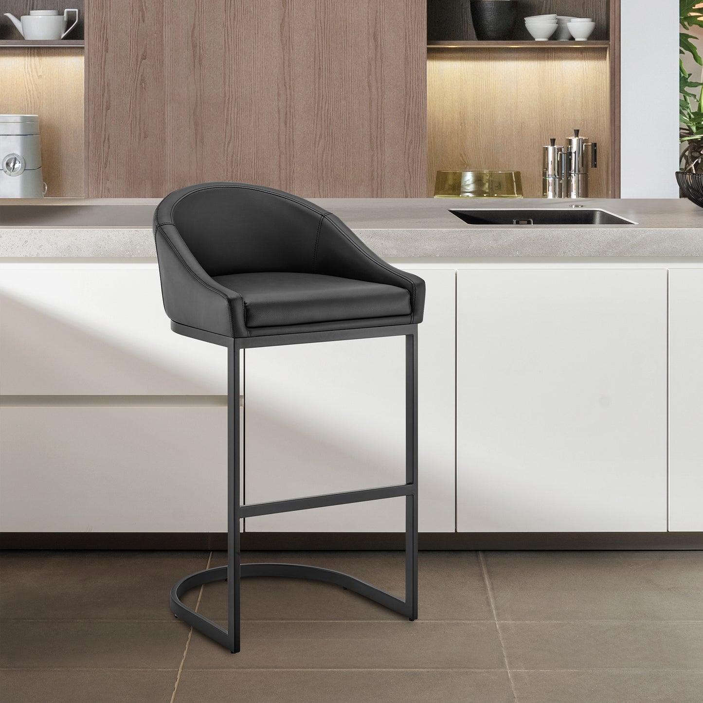 Atherik Bar Stool in Black Metal with Grey Faux Leather By Armen Living | Bar Stools | Modishstore - 11