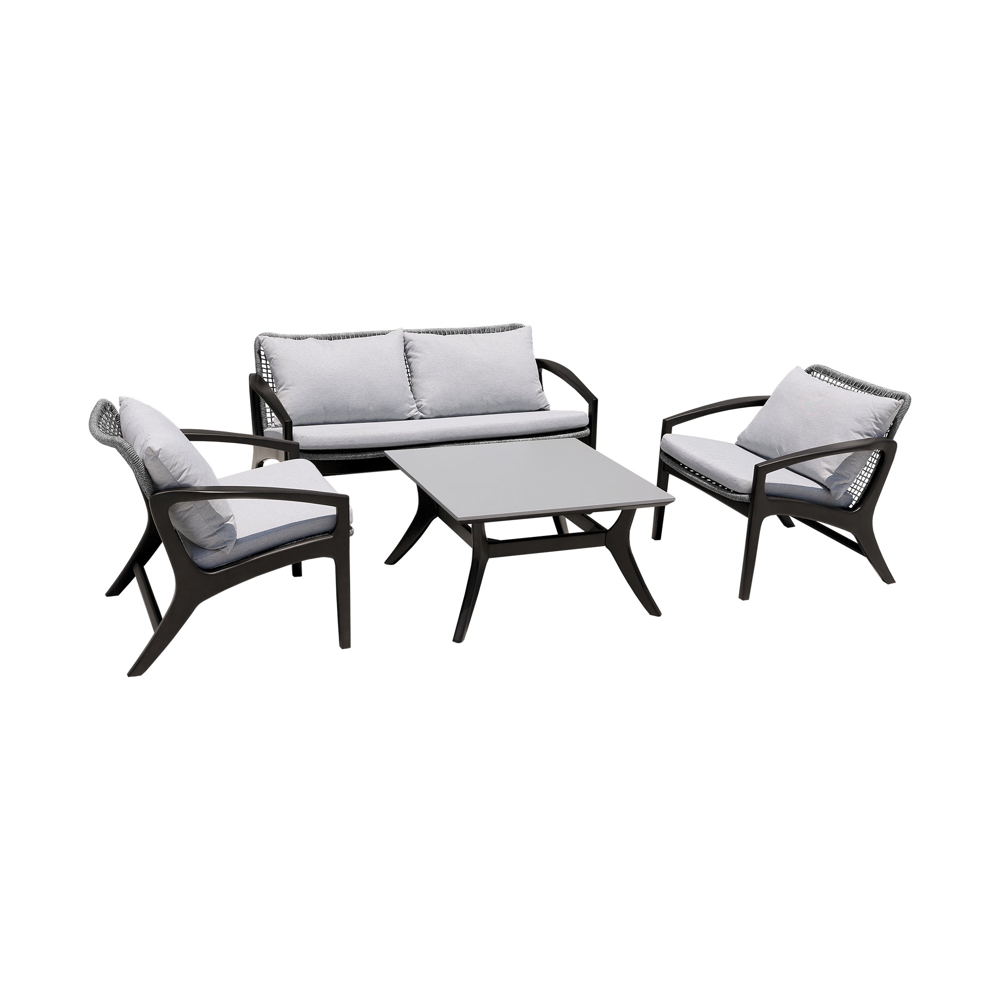 Brighton 4 Piece Outdoor Patio Seating Set in Dark Eucalyptus Wood with Grey Rope and White Cushions By Armen Living | Outdoor Sofas, Loveseats & Sectionals | Modishstore - 2