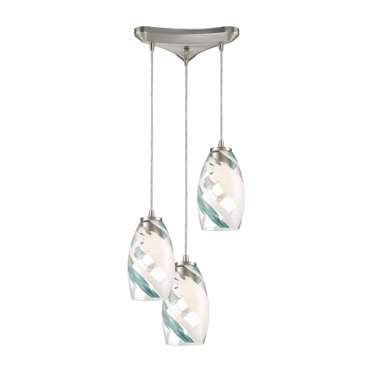 Turbulence 3-Light Triangular Mini Pendant Fixture in Satin Nickel with Clear, Aqua, and White Glass ELK Lighting | Pendant Lamp | Modishstore