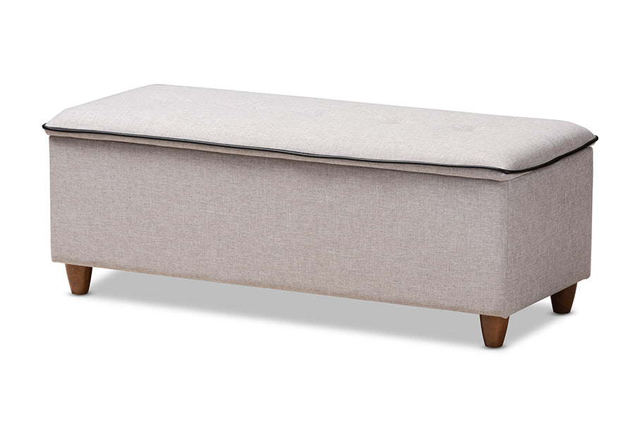 baxton studio marlisa mid century modern walnut finished wood and greyish beige fabric upholstered button tufted storage ottoman bench | Modish Furniture Store-2