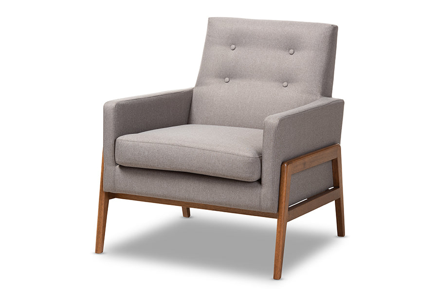 baxton studio perris mid century modern grey fabric upholstered walnut wood lounge chair | Modish Furniture Store-2