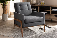 Baxton Studio Perris Mid-Century Modern Dark Grey Fabric Upholstered Walnut Wood Lounge Chair