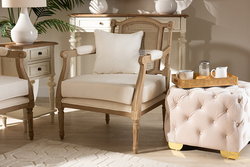 Baxton Studio Clemence French Provincial Ivory Fabric Upholstered Whitewashed Wood Armchair | Modishstore | Armchairs