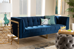 Baxton Studio Ambra Glam and Luxe Royal Blue Velvet Fabric Upholstered and Button Tufted Gold Sofa with Gold-Tone Frame