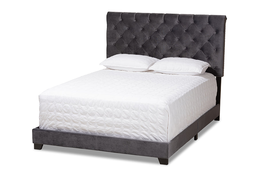 baxton studio candace luxe and glamour dark grey velvet upholstered full size bed | Modish Furniture Store-2