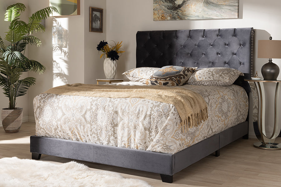 Baxton Studio Candace Luxe and Glamour Dark Grey Velvet Upholstered Full Size Bed | Modishstore | Beds