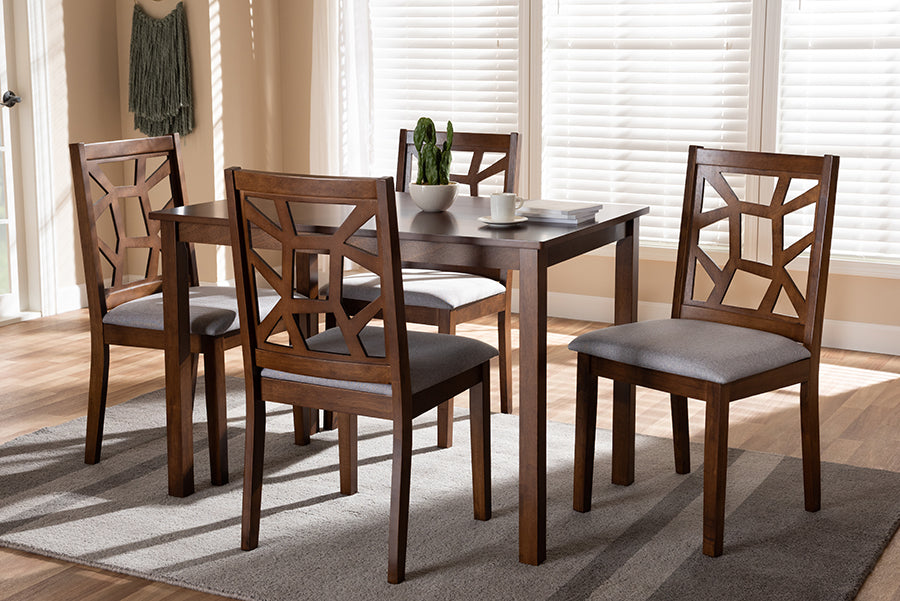 Baxton Studio Abilene Mid-Century Walnut Finished and Grey Fabric Upholstered 5-Piece Dining Set | Modishstore | Dining Sets