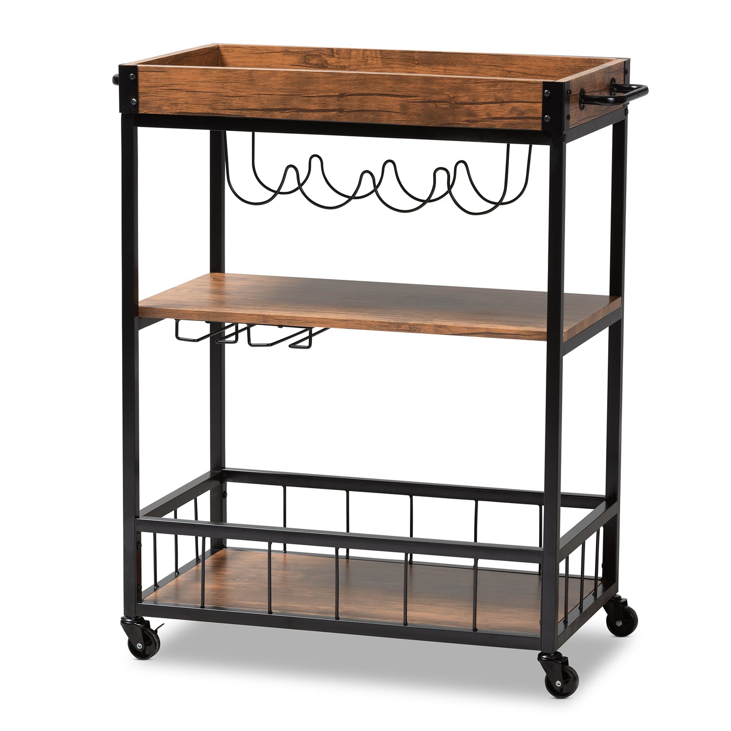 Baxton Studio Cerne Vintage Rustic Industrial Oak Brown and Black Finished Mobile Metal Bar Cart with Wine Bottle Rack | Bar Carts | Modishstore