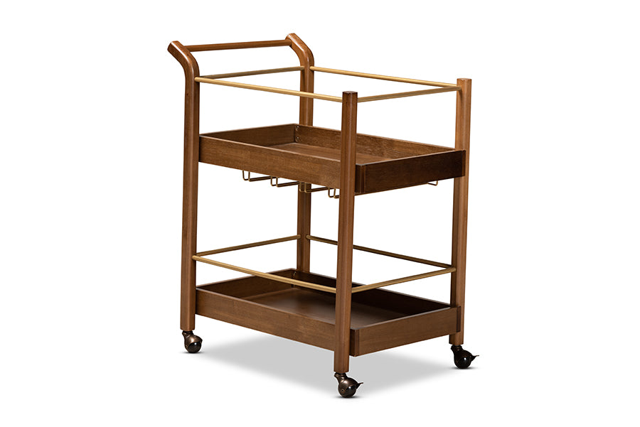 baxton studio tahir modern and contemporary walnut brown finished wood and antique gold finished metal 2 tier mobile bar cart | Modish Furniture Store-2