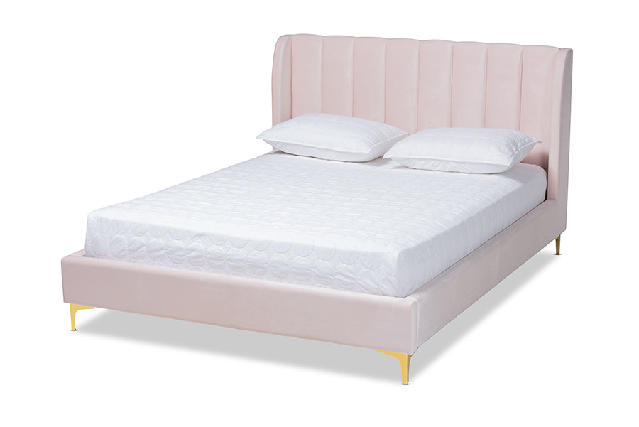 baxton studio saverio glam and luxe light pink velvet fabric upholstered queen size platform bed with gold tone legs | Modish Furniture Store-2