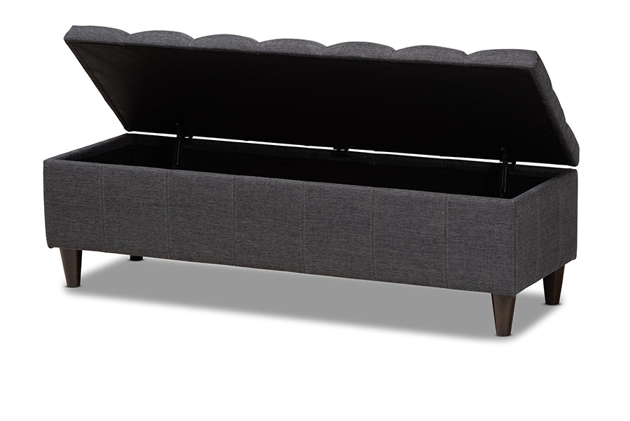 baxton studio brette mid century modern charcoal fabric upholstered dark brown finished wood storage bench ottoman | Modish Furniture Store-3