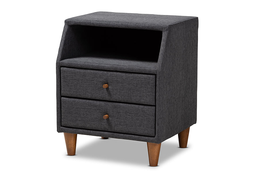 baxton studio claverie mid century modern charcoal fabric upholstered 2 drawer wood nightstand | Modish Furniture Store-2