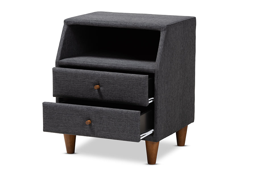 baxton studio claverie mid century modern charcoal fabric upholstered 2 drawer wood nightstand | Modish Furniture Store-3