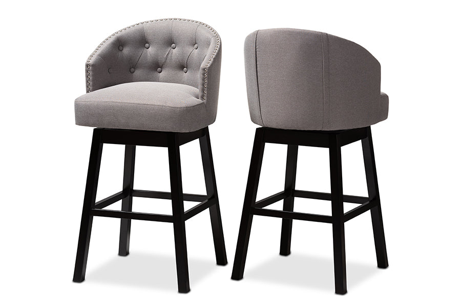 baxton studio theron transitional gray fabric upholstered wood swivel bar stool set of 2 | Modish Furniture Store-2