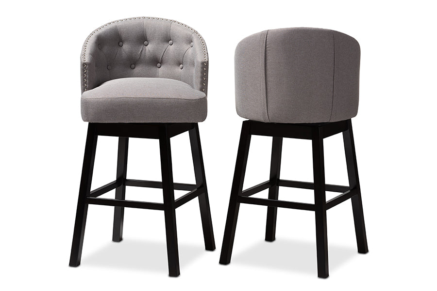 baxton studio theron transitional gray fabric upholstered wood swivel bar stool set of 2 | Modish Furniture Store-3