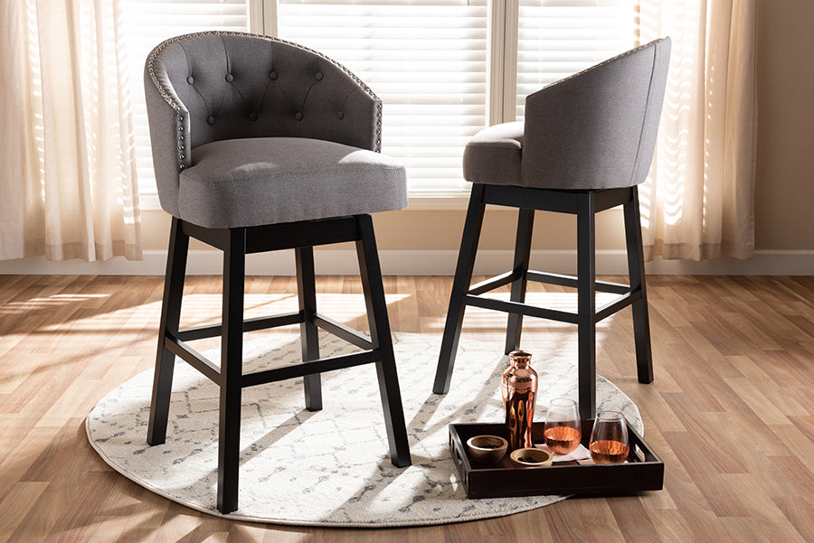 Baxton Studio Theron Transitional Gray Fabric Upholstered Wood Swivel Bar Stool Set of 2 | Modishstore | Bar Stools