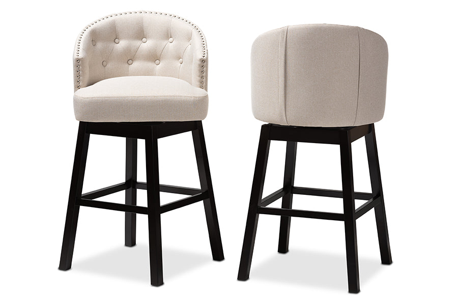 baxton studio theron transitional light beige fabric upholstered wood swivel bar stool set of 2 | Modish Furniture Store-3