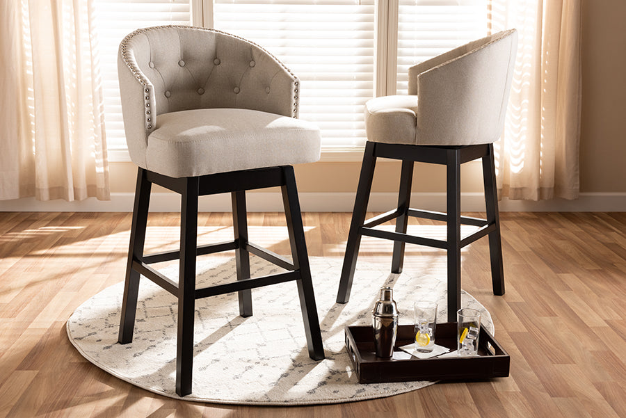 Baxton Studio Theron Transitional Light Beige Fabric Upholstered Wood Swivel Bar Stool Set of 2 | Modishstore | Bar Stools