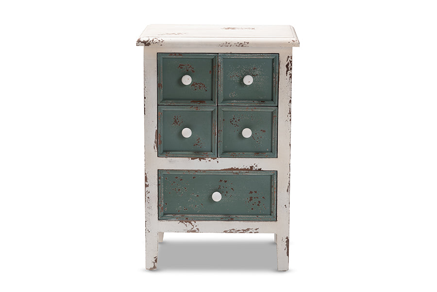 Baxton Studio Angeline Antique French Country Cottage Distressed White and Teal Finished Wood 5-Drawer Storage Cabinet | Cabinets | Modishstore - 5