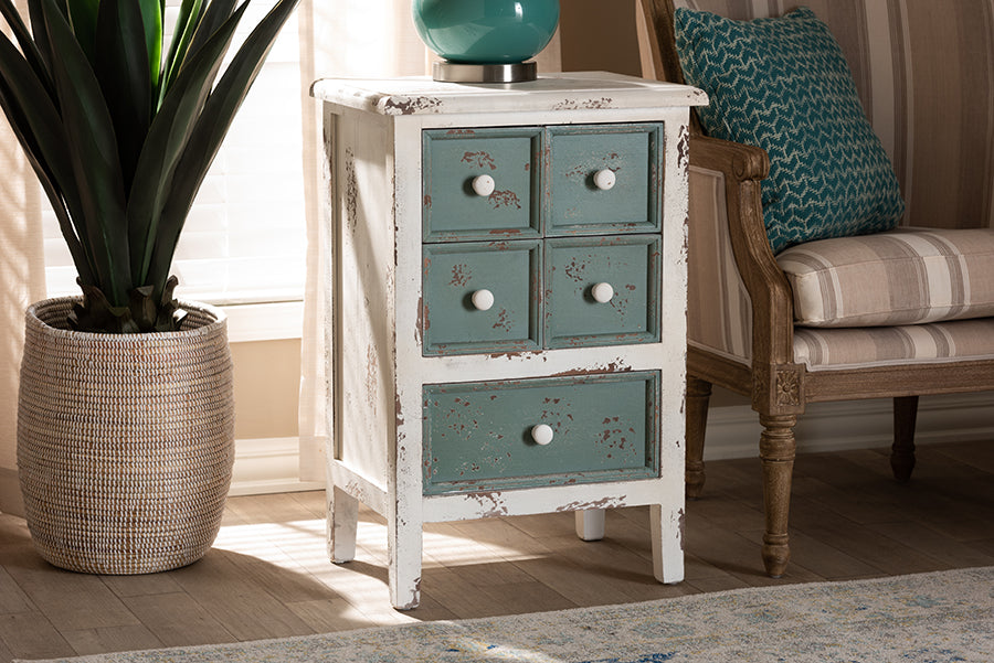 Baxton Studio Angeline Antique French Country Cottage Distressed White and Teal Finished Wood 5-Drawer Storage Cabinet | Cabinets | Modishstore - 2