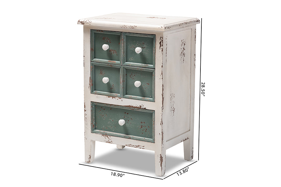 Baxton Studio Angeline Antique French Country Cottage Distressed White and Teal Finished Wood 5-Drawer Storage Cabinet | Cabinets | Modishstore - 7