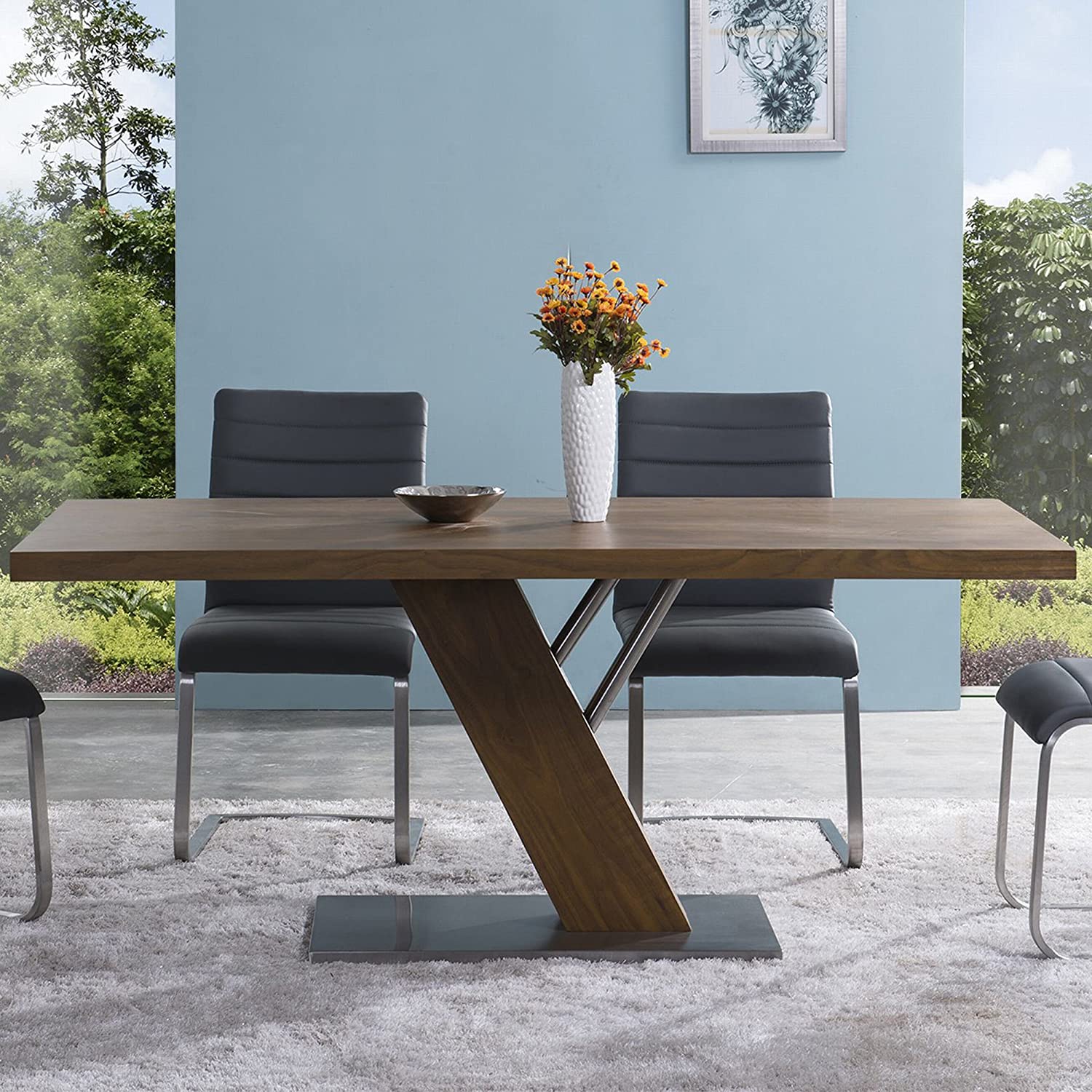 Fusion Contemporary Dining Table In Walnut Wood Top and Stainless Steel By Armen Living | Dining Tables | Modishstore