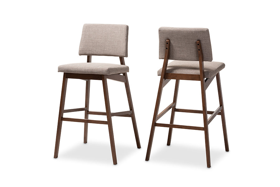 baxton studio colton mid century modern light gray fabric upholstered and walnut finished wood bar stool set of 2 | Modish Furniture Store-2