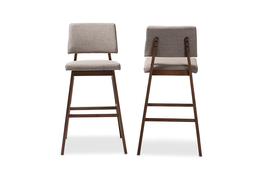 baxton studio colton mid century modern light gray fabric upholstered and walnut finished wood bar stool set of 2 | Modish Furniture Store-3