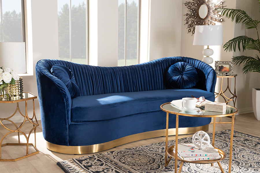 Baxton Studio Nevena Glam Royal Blue Velvet Fabric Upholstered Gold-Finished Sofa | Modishstore | Sofas