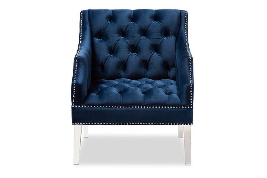 baxton studio silvana modern and contemporary navy velvet fabric upholstered lounge chair with acrylic legs | Modish Furniture Store-3