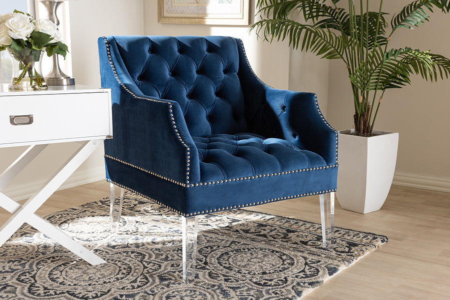 Baxton Studio Silvana Modern and Contemporary Navy Velvet Fabric Upholstered  Lounge Chair with Acrylic Legs - Navy Blue , Clear – Modish Store