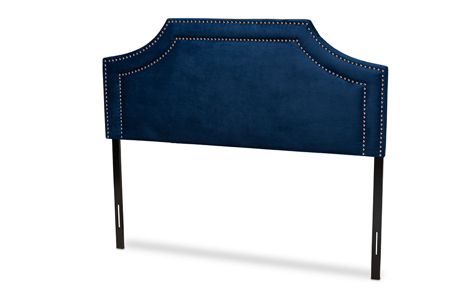 baxton studio avignon modern and contemporary navy blue velvet fabric upholstered queen size headboard | Modish Furniture Store-2