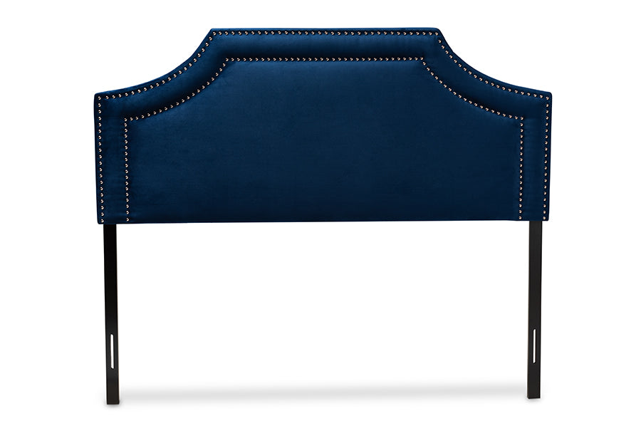 baxton studio avignon modern and contemporary navy blue velvet fabric upholstered queen size headboard | Modish Furniture Store-3